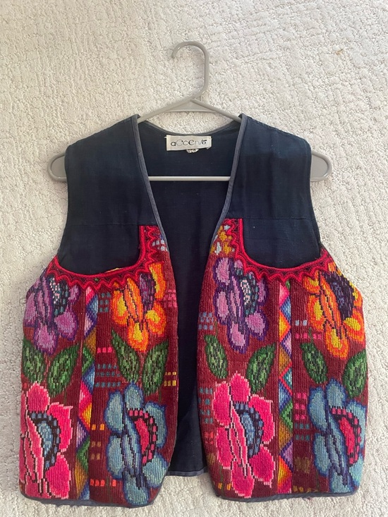 Accento Tops - Vintage Multicolor Floral Embroidered Vest Denim Handmade Bohemian Festival